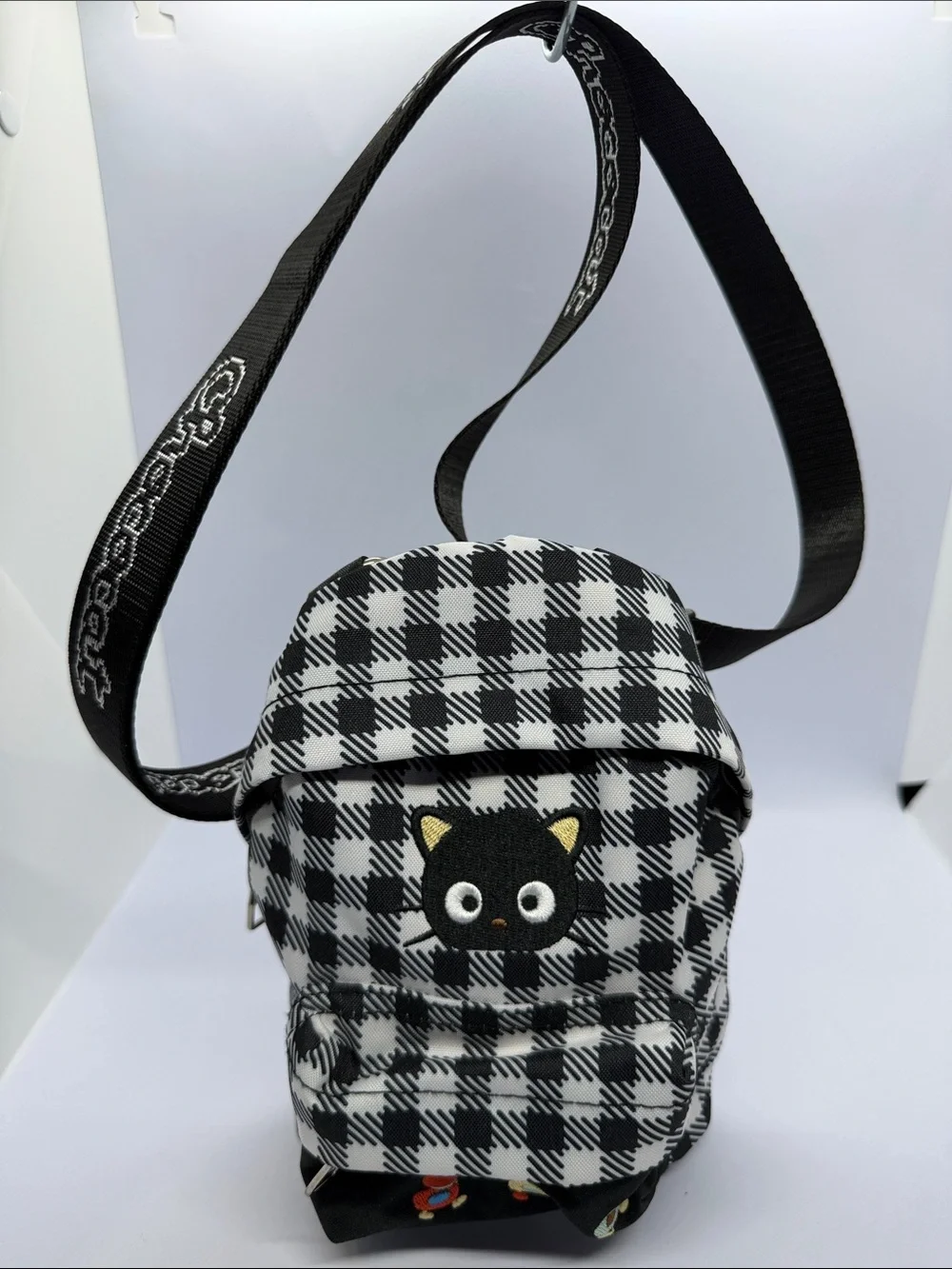 Sanrio Black & White Plaid Mini Backpack with Kuromi-style Cat Patch